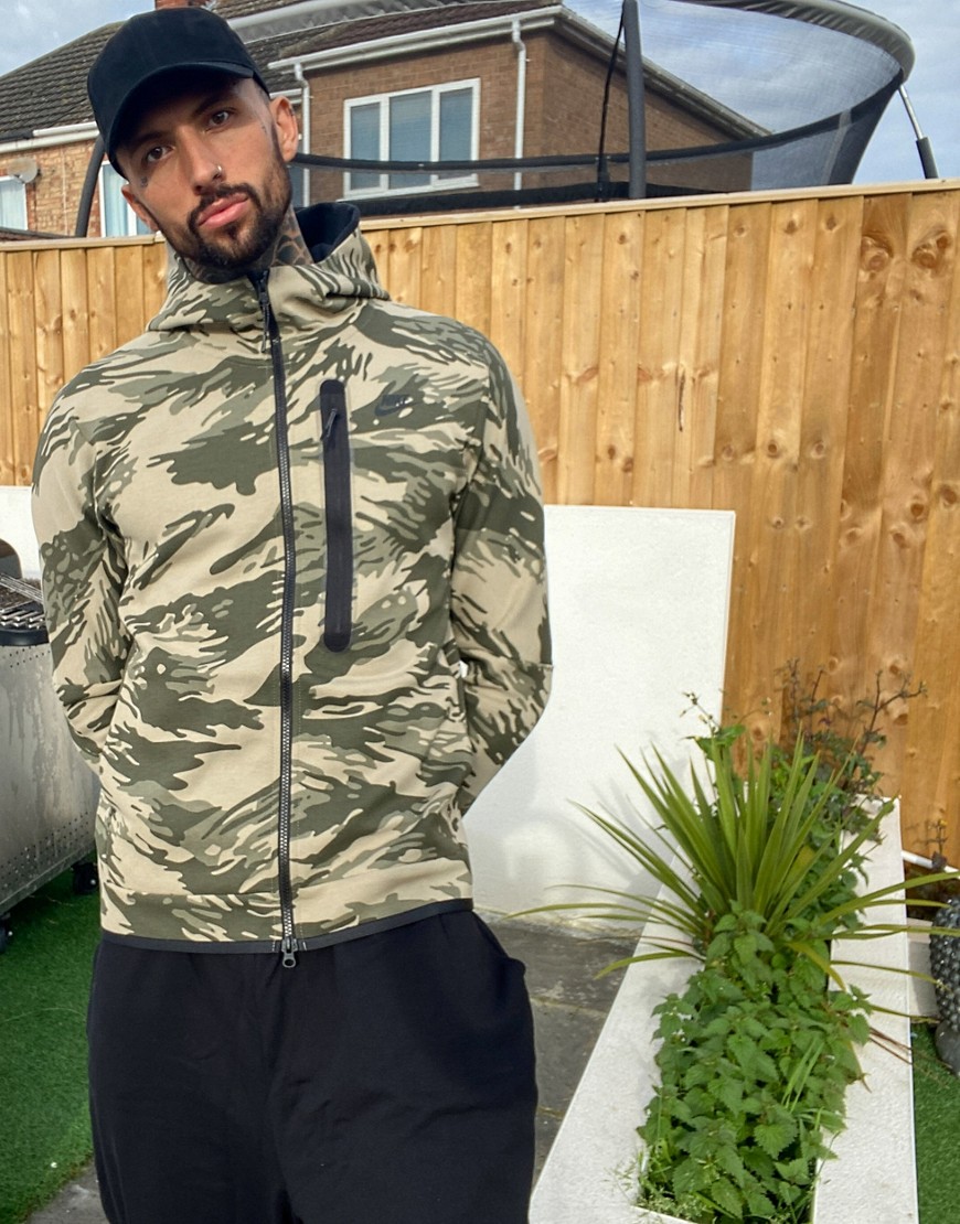 Nike Tech Fleece full-zip hoodie in camo print-Stone