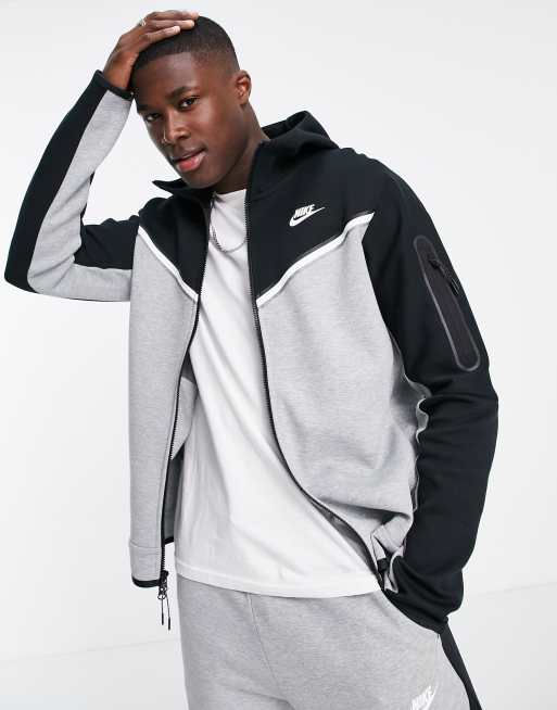 Nike Tech Fleece hoodie met rits en kleurvlakken in zwart en grijs