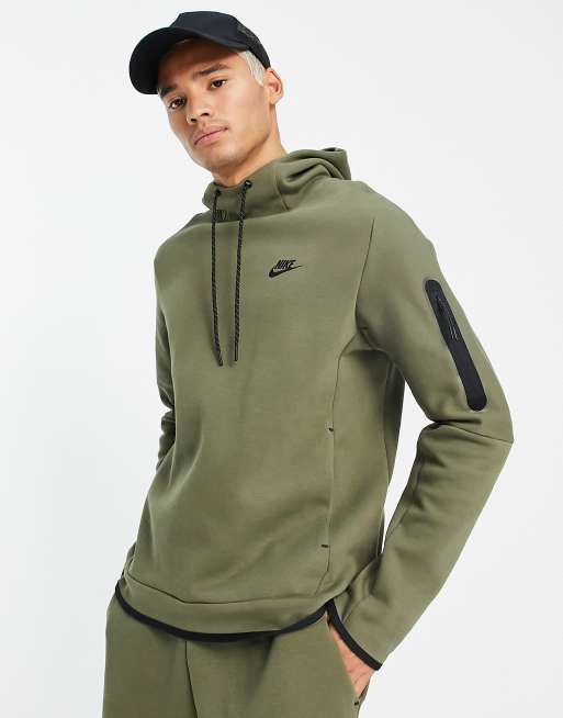 Nike – Tech – Olivgrön huvtröja i fleece
