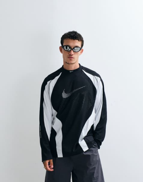 Nike Tech perforated central swoosh logo long sleeve top in black and white - view 1