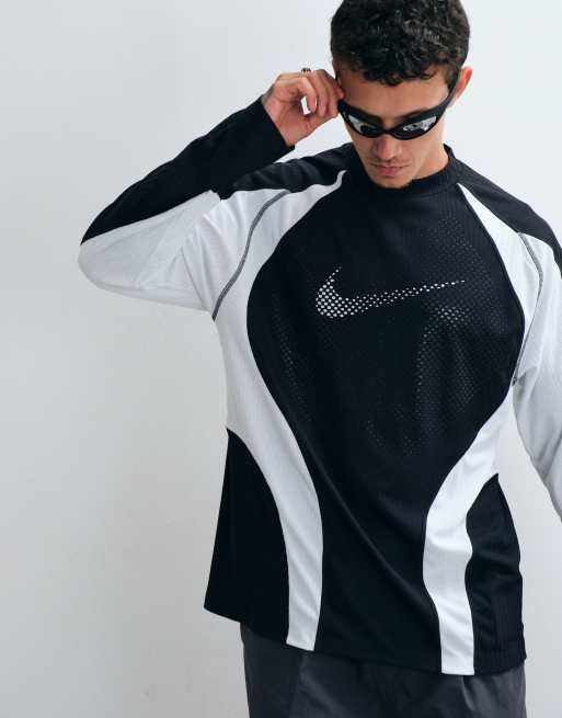Nike Tech perforated central swoosh logo long sleeve top in black and white, 3 of 5