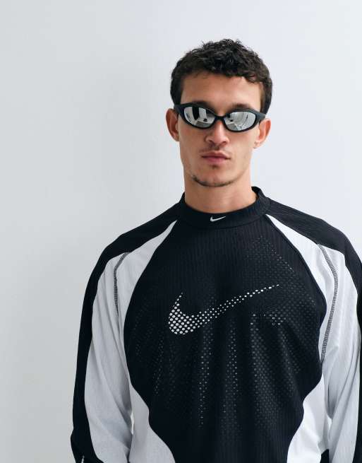 Nike Tech perforated central swoosh logo long sleeve top in black and white, 5 of 5