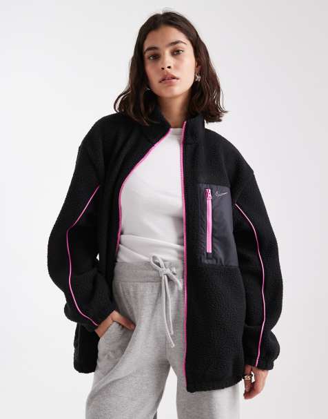 Nike borg fleece jacket in black and pink