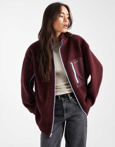Nike borg fleece jacket in burgundy and blue