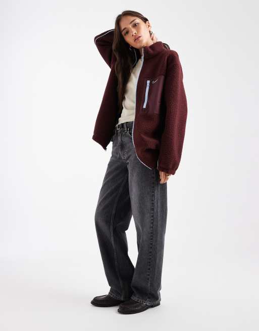 Nike teddy fleece jacket in burgundy and blue, 3 of 4
