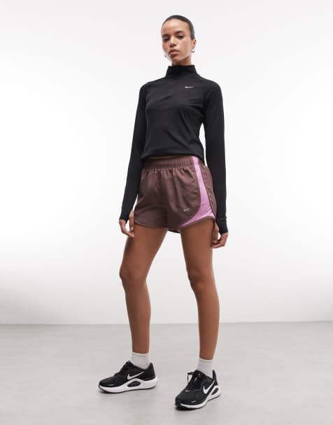 Nike Tempo Running 3inch shorts in brown with purple side detail