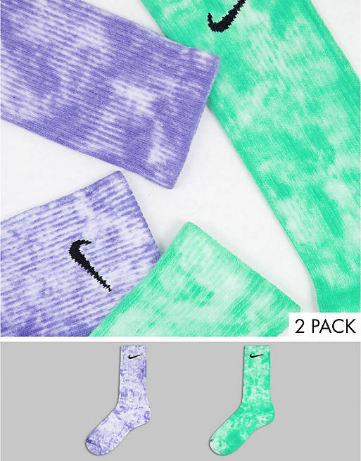 Nike tie dye 2 pack socks in purple and green