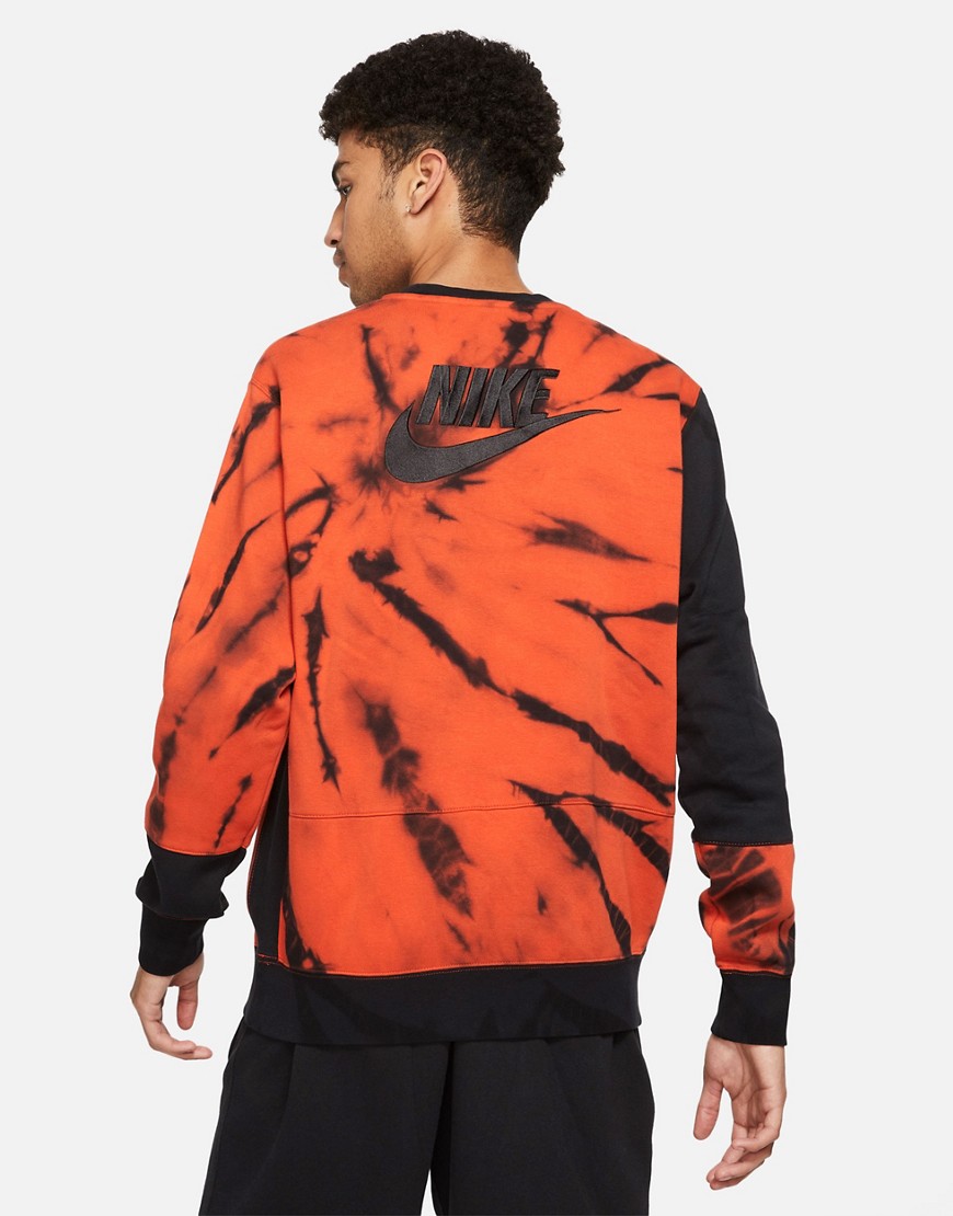 Nike Tied In Pack tie dye graphic logo crew neck sweatshirt in black/orange