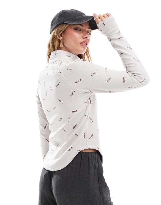 Nike - Top met swoosh-logo, lange mouwen en korte rits in beige , 2 van 4