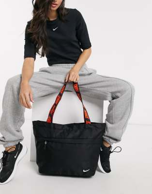 nike tote bag in black with orange taping strap