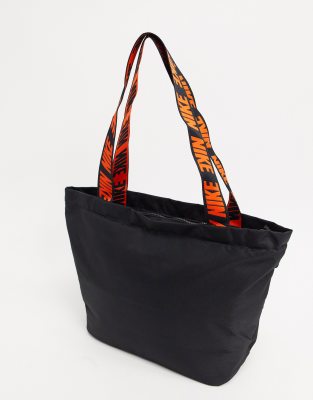 nike tote bag in black with orange taping strap