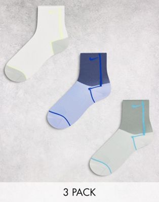 Nike training 3 x multipack ankle socks in blue grey mix