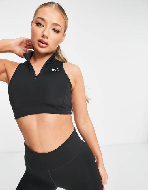 Nike Training Air Reggiseno sportivo crop top nero a supporto medio con zip corta sul collo ASOS