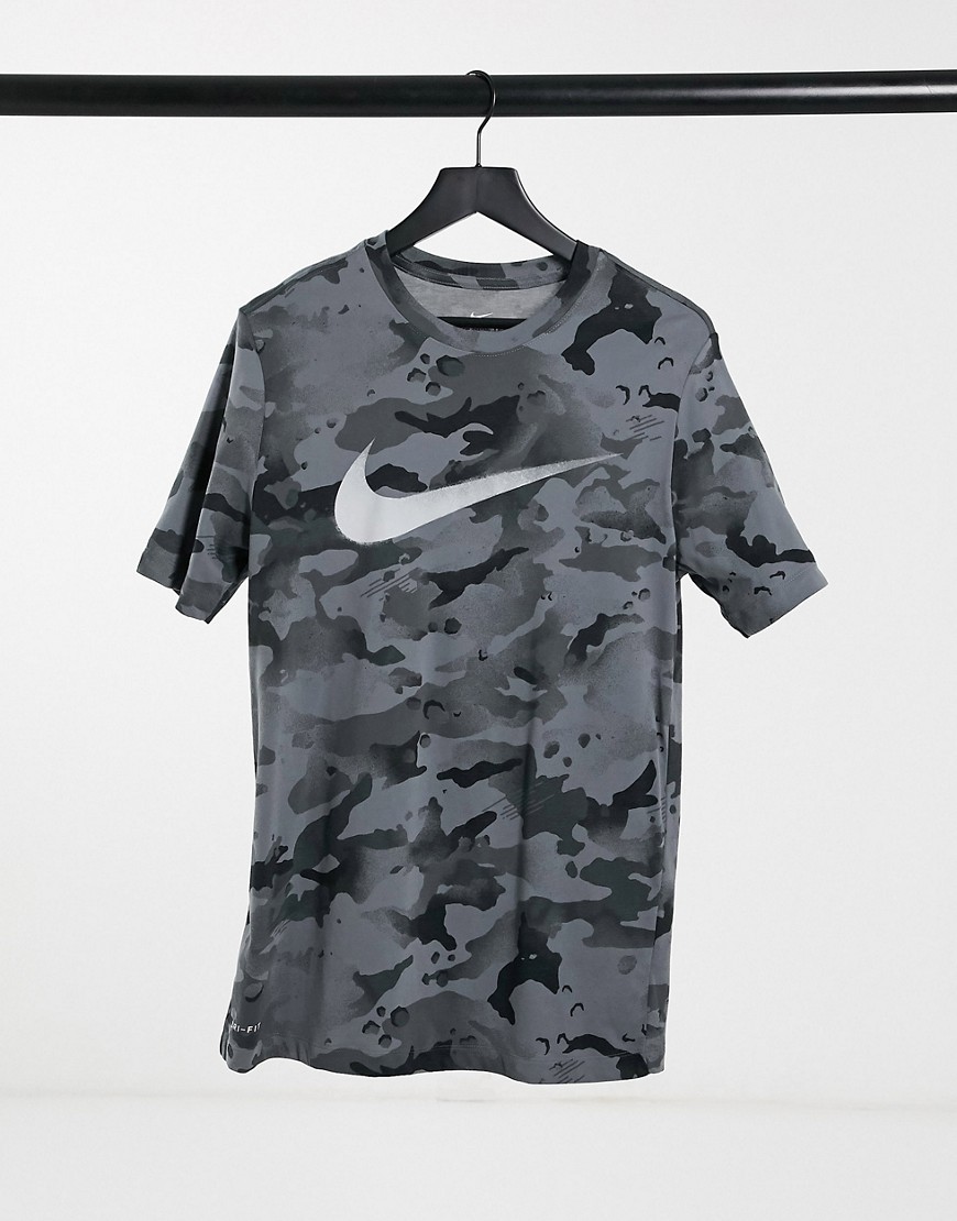 Nike All-over Camo Print Swoosh T-shirt In Gray-grey