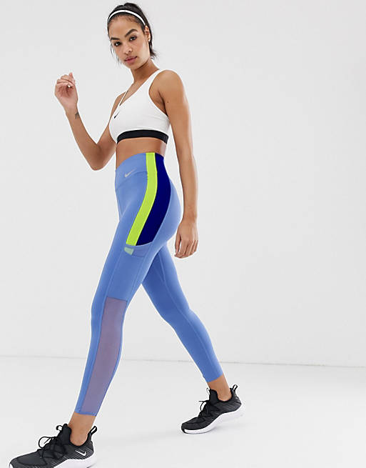 Nike Training Colourblock Leggings In Blue And Lime | ASOS