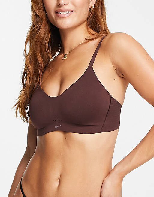 Nike Training Dri-FIT Alate Minimalist light-support padded sports bra in  dark brown