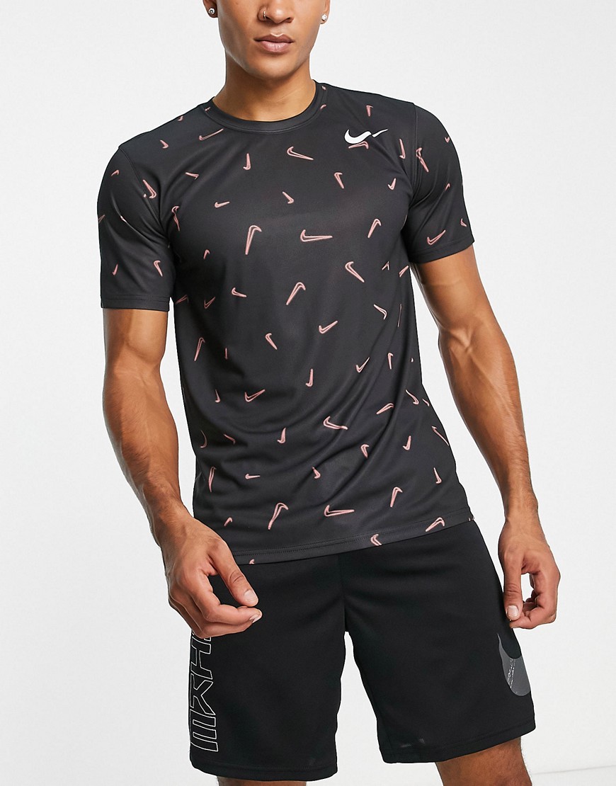 Nike Dri-fit All Over Swoosh Print T-shirt In Black | ModeSens