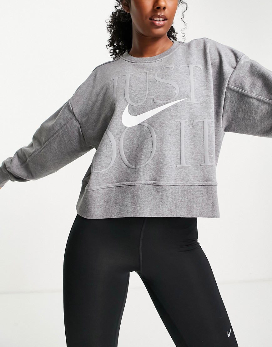 Nike Training Dri-FIT Get Fit Just Do It crew neck crop sweatshirt in gray-Grey