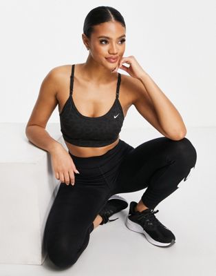 Nike Training Dri-FIT Indy Glitter Leopard Pack bra in black