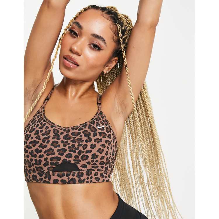 Nike Training Dri-FIT Indy Glitter Leopard Pack bra in brown