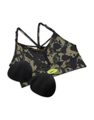 Nike Dri-fit Indy Icon Clash All Over Print Bra In Khaki-green