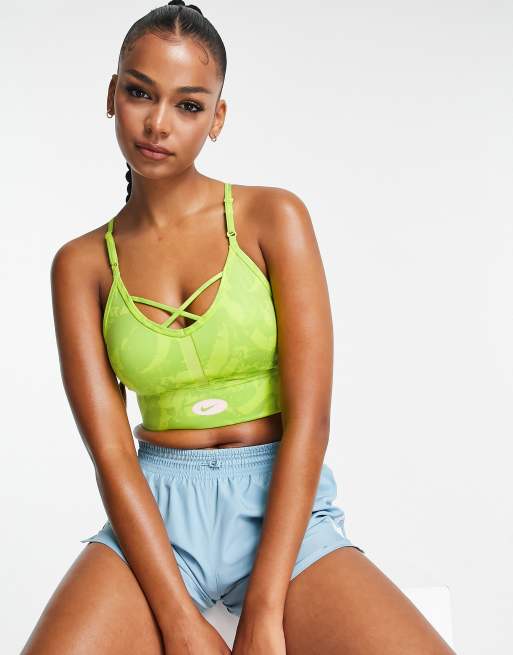 Nike Training Dri-FIT Indy Icon Clash all over print sports bra in lime