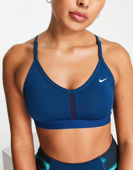 Nike Dri-FIT Indy V-Neck Swoosh sports bra in blue