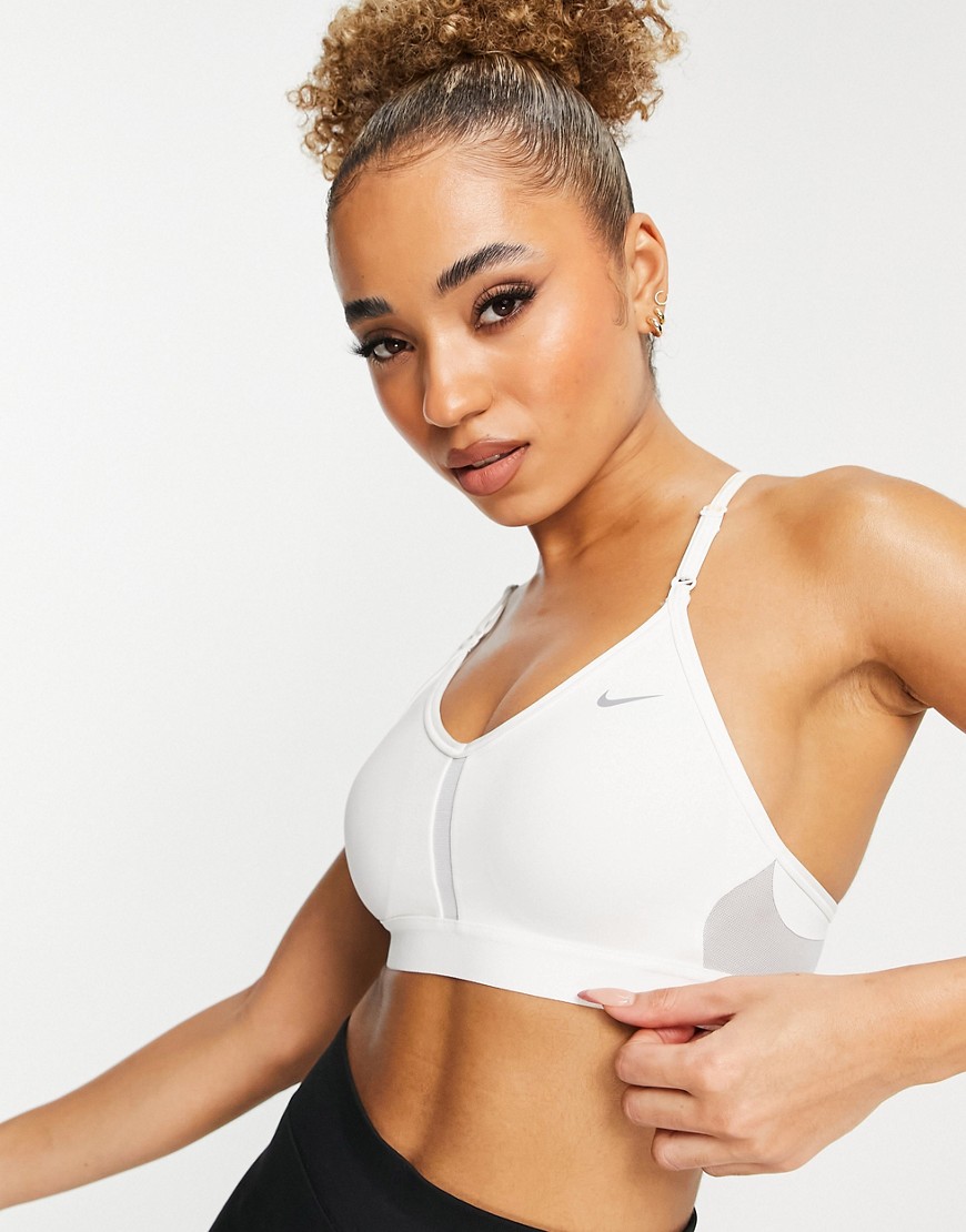 NIKE DRI-FIT INDY V-NECK LIGHT-SUPPORT PADDED SPORTS BRA IN WHITE