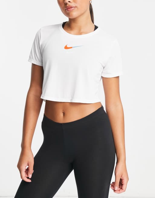 Nike Training Dri FIT One color block logo cropped t shirt in white ASOS