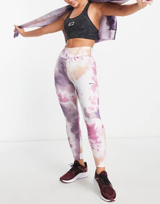 Nike Training Dri-FIT One mid-rise 7/8 tie dye leggings in purple & multi