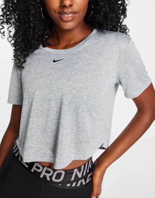 Nike Training Dri FIT One scoop neck crop short sleeve top in gray