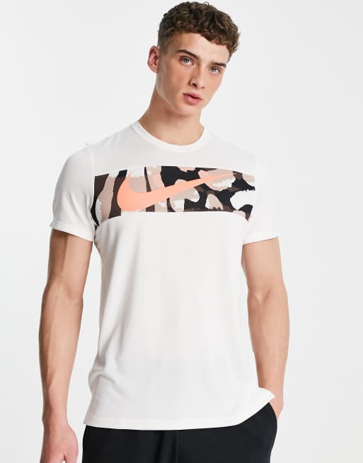 Nike Training Dri-FIT paneled print logo T-shirt in off white | ASOS