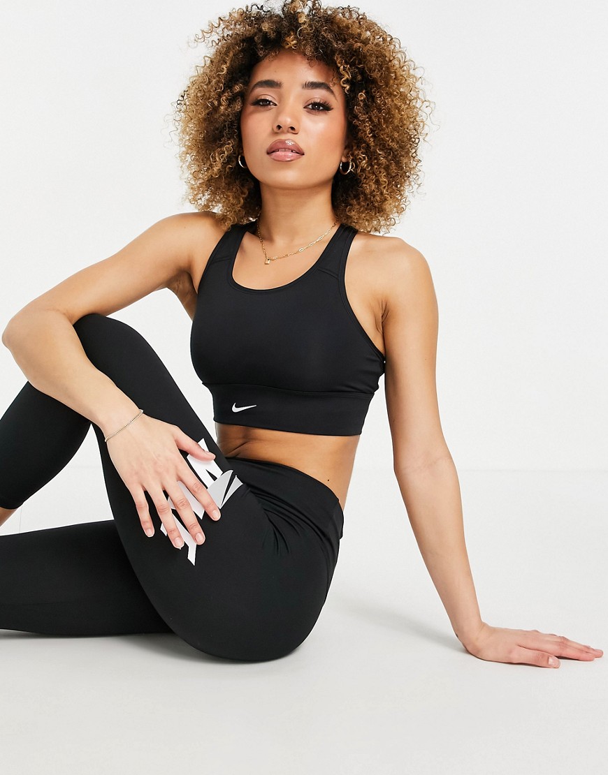 Nike Training Dri-FIT Swoosh longline medium support padded bra in black
