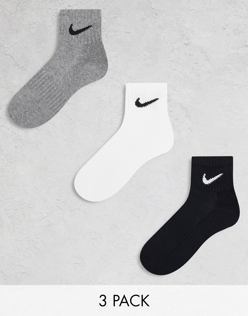Nike Training Everyday Cushioned 3 pack ankle sock in white, grey and black-Multi