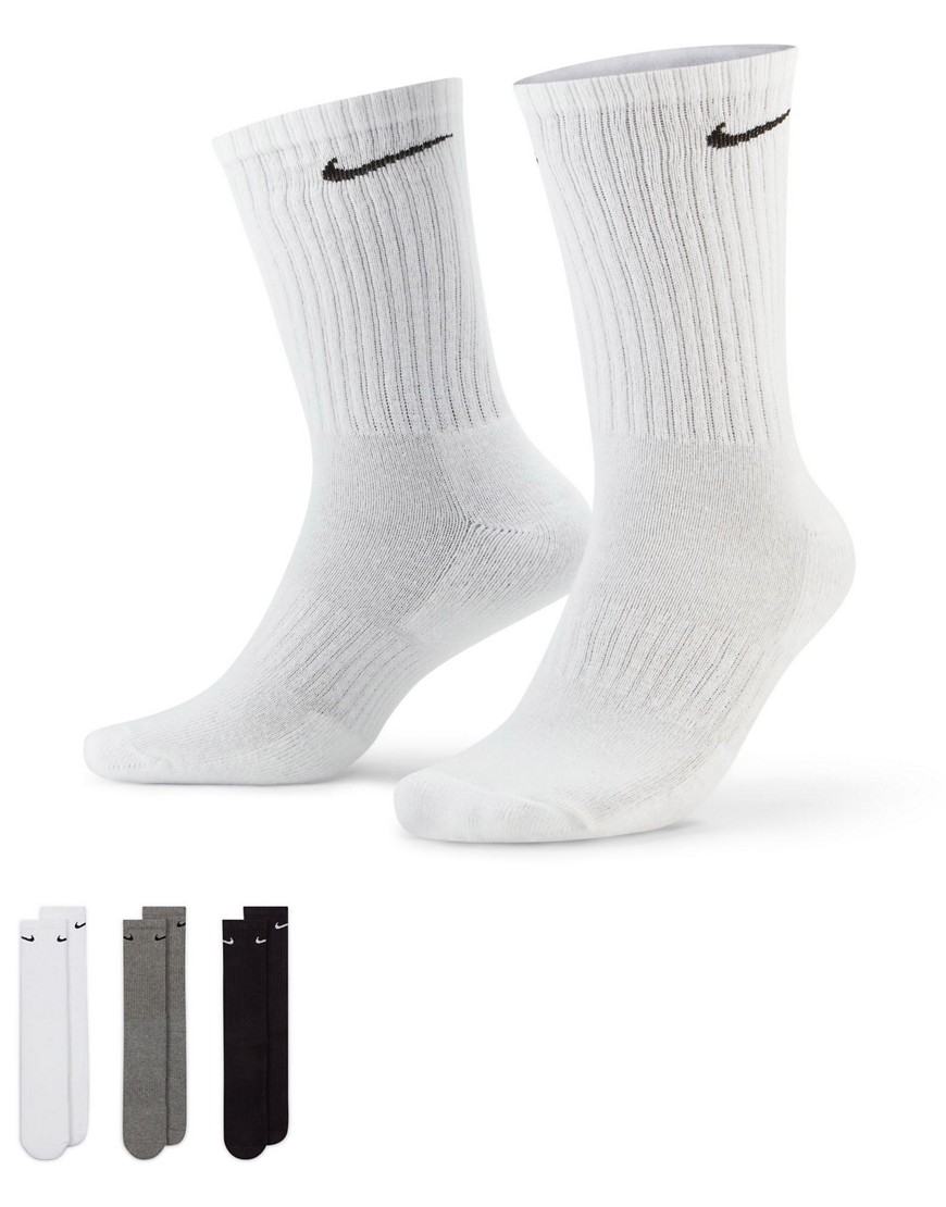 Nike Training Everyday Cushioned 3 pack crew sock in white, grey and black-Multi