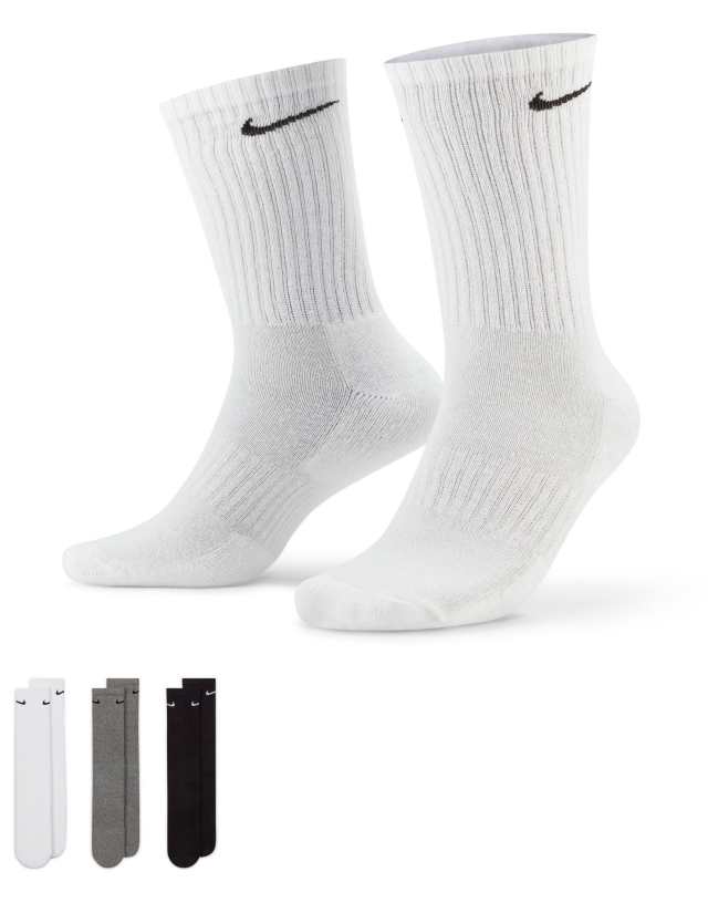 Nike - training everyday cushioned 3 pack crew sock in white, grey and black