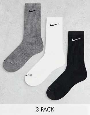Nike Training Nike Training Everyday Cushioned Plus 3 pack crew socks in white grey and black-Multi