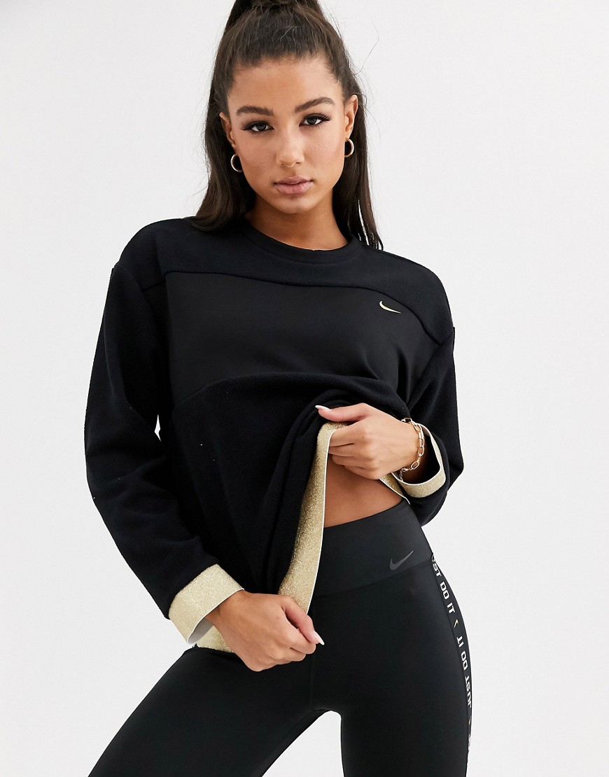 Nike Training fleece long sleeve top with gold sparkle trim-Black