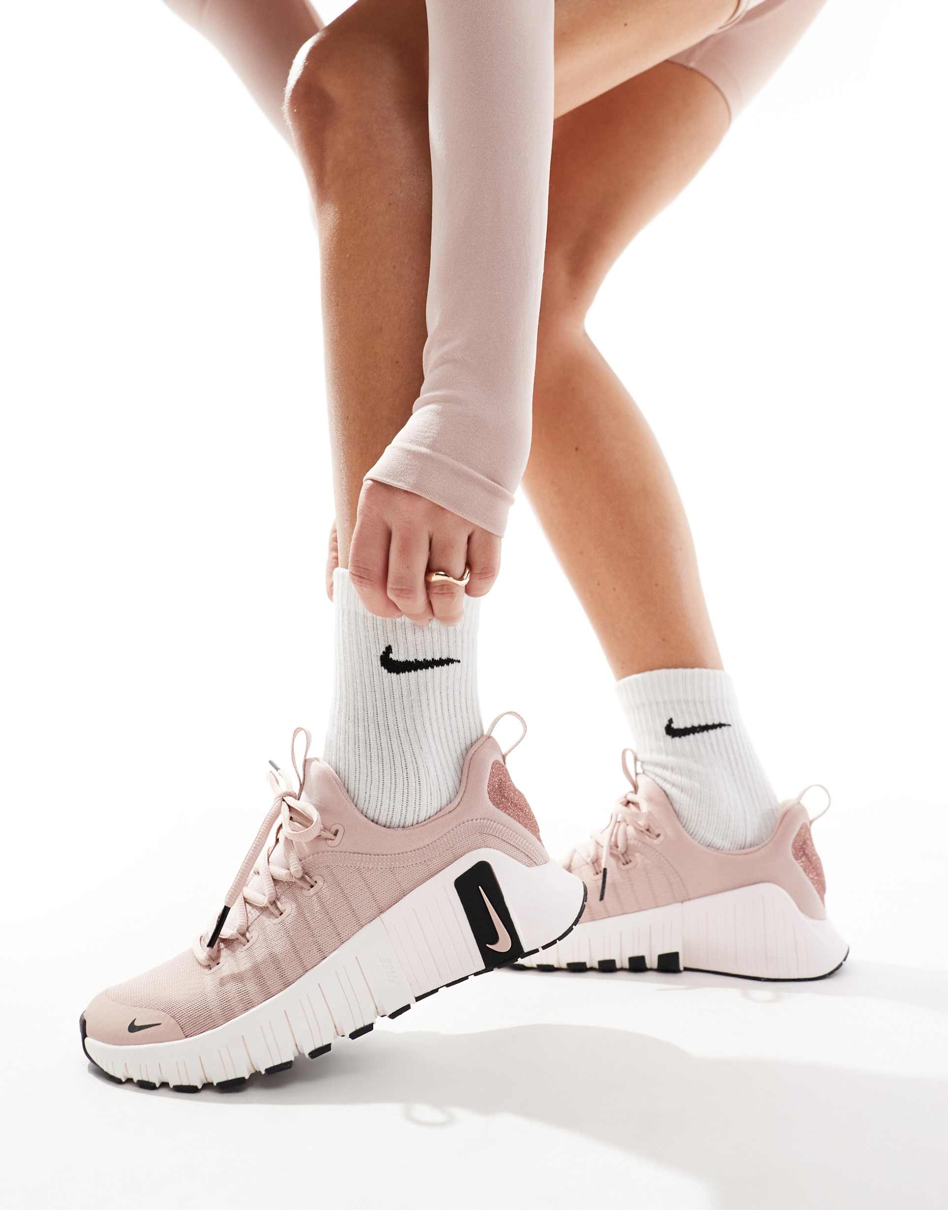 nike training free metcon 6 premium sneakers in light pink and off white