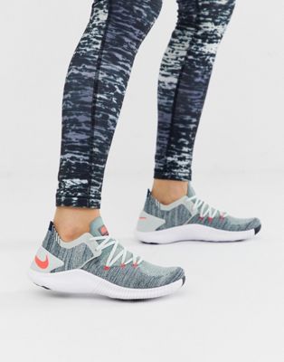 nike training free tr flyknit sneakers in gray and blue