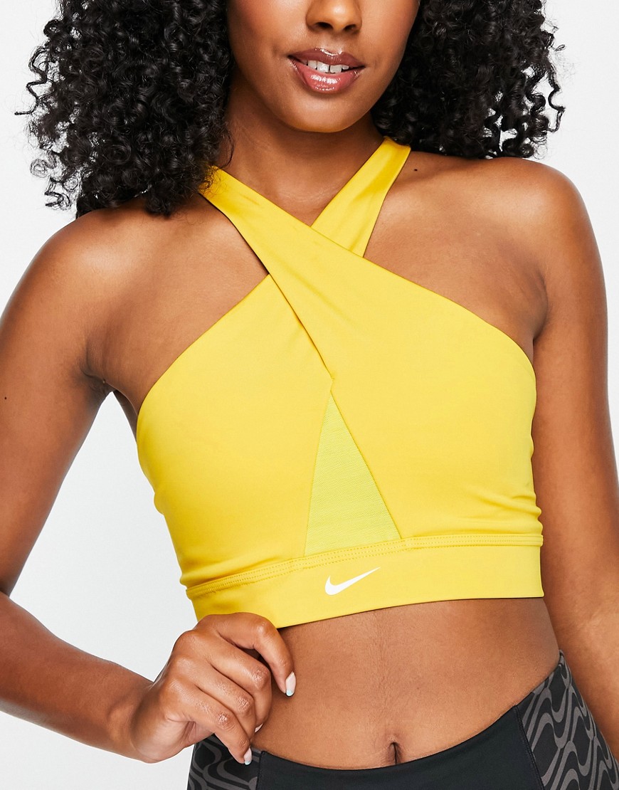 Nike Training Icon Clash Dri-FIT swoosh wrap light support sports bra in dark yellow