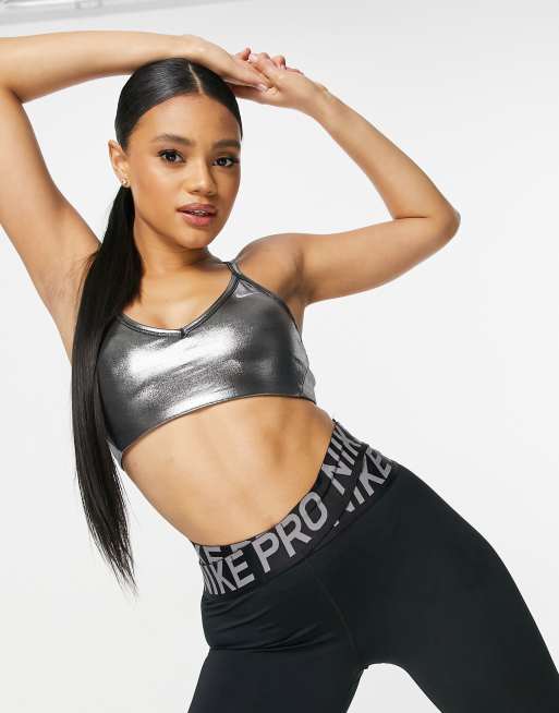 Nike Training Icon Clash Indy shimmer bra in silver metallic