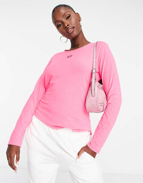 ASOS DESIGN long sleeve top with notch neck in rib in pink marl