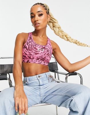 Nike Training Icon Clash Swoosh Dri-FIT strappy printed mid support sports bra in pink - ASOS Price Checker