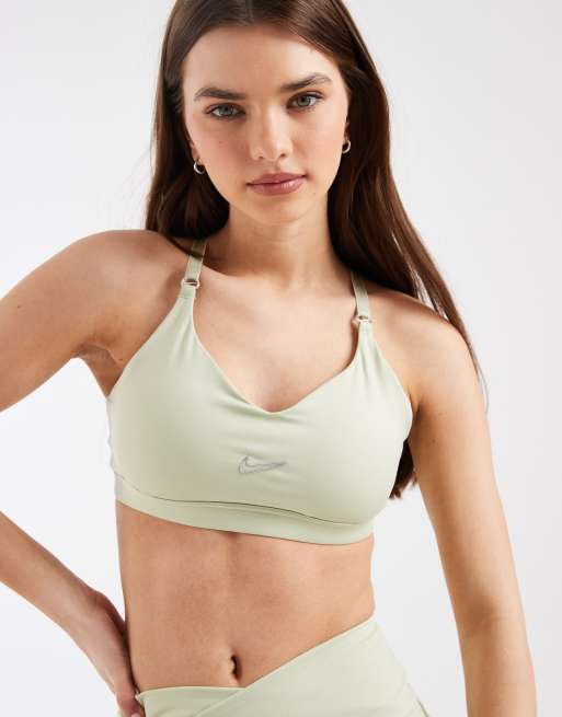 Nike Training Indy metallic swoosh light support sports bra in light green, 3 of 4