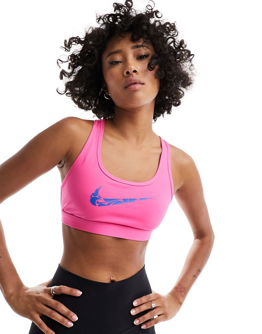 Nike Training large swoosh Dri-Fit light support bra in pink and blue