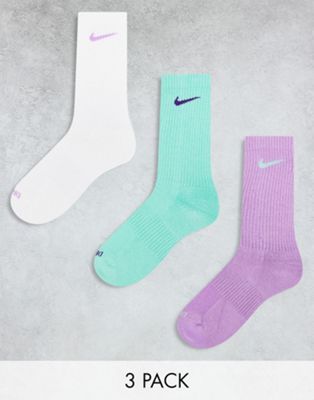 Nike Training unisex cushioned 3 pack crew sock in purple, white and teal - ASOS Price Checker