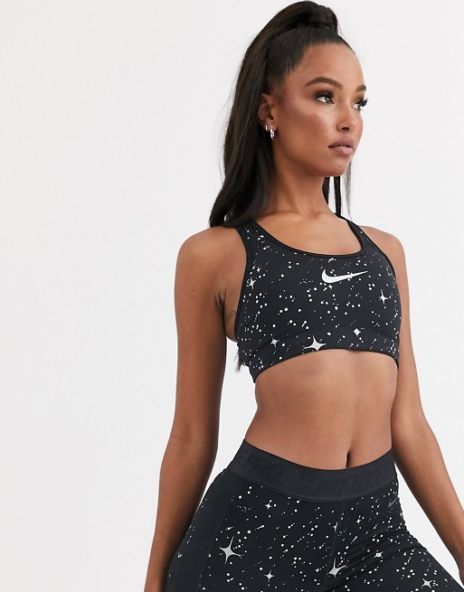 Nike Training medium support swoosh bra in black sparkle print