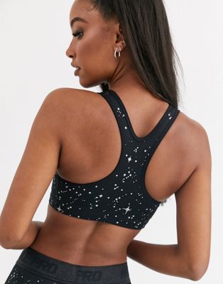 nike training medium support swoosh bra in black sparkle print