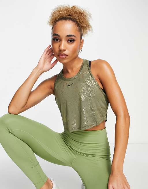 Nike Training One Dri-FIT glitter printed cropped t-shirt in khaki